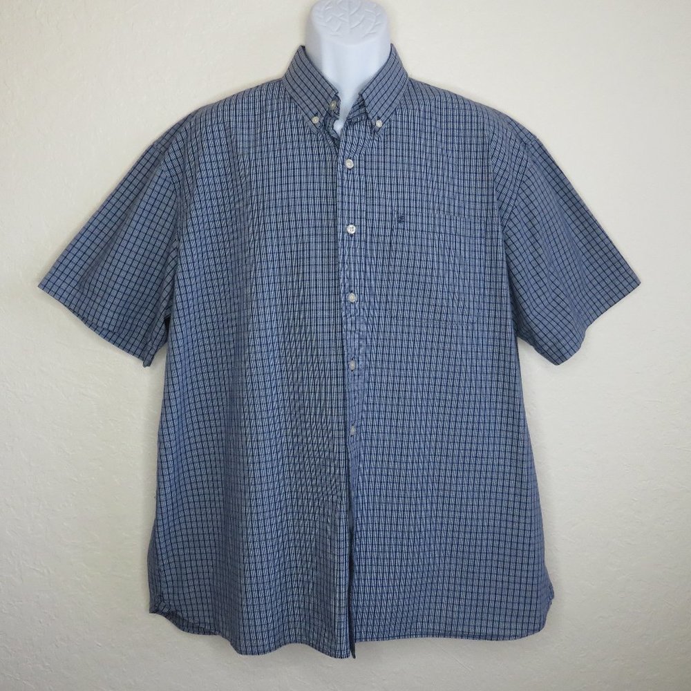 IZOD* Men's Short Sleeve Button Down Curved Hem Chest Pocket Plaid Shirt~Size XL